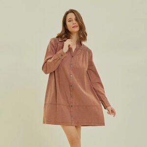 Mineral Washed Button Down Shirt Dress in Marsala